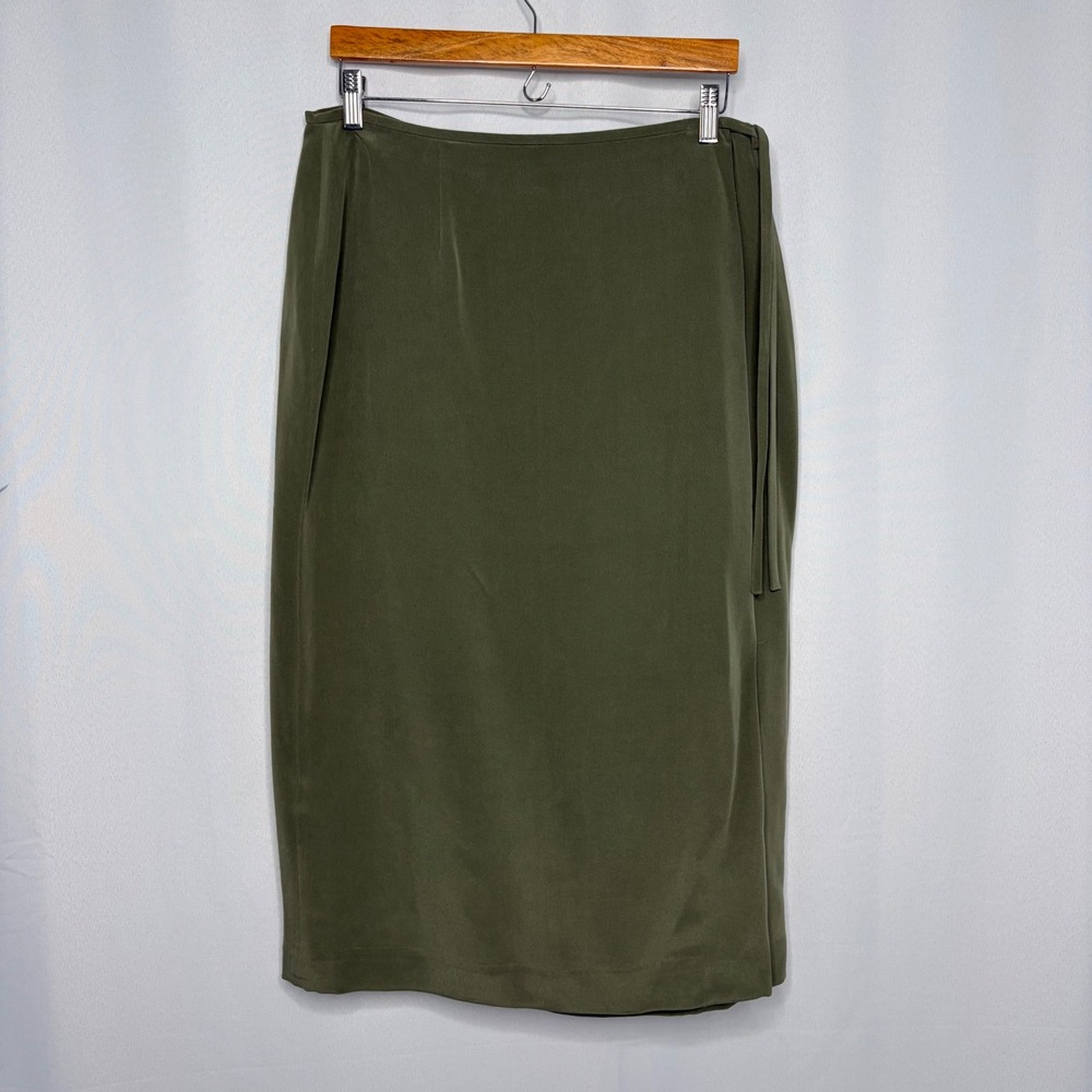 Josephine Chaus Womens Olive Green 100% Silk Wrap Midi Skirt Size 14 Lined